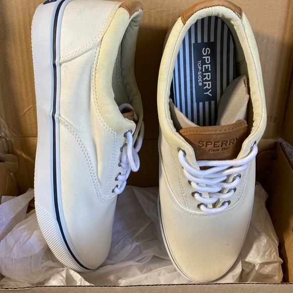 Sperry Top-Sider White & Tan Boat Shoes Men’s 10.5W NWT - Picture 2 of 9